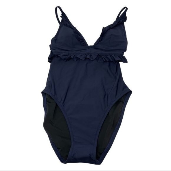 J. Crew Long Torso Ruffle Deep V One Piece Swimsuit Size 0 Navy NWT - Picture 2 of 4